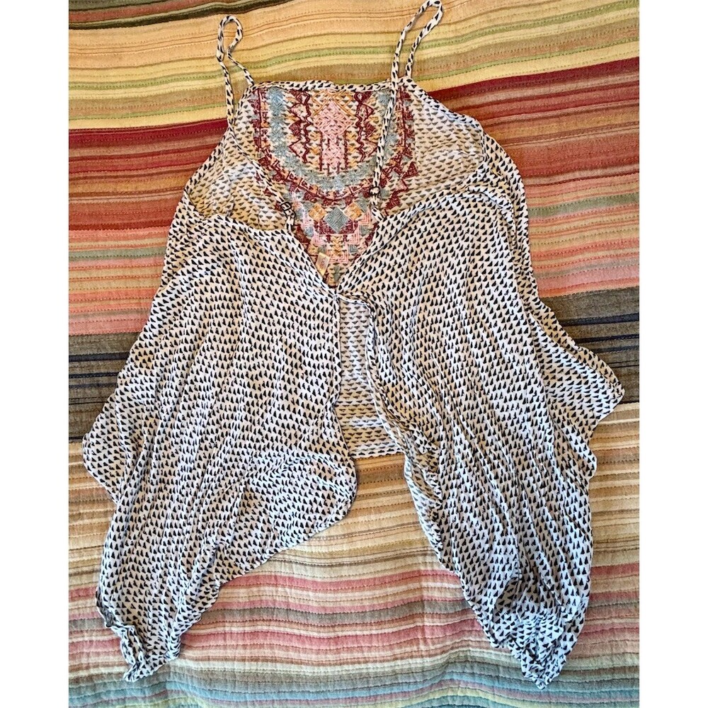Tank Top Womens Ivory Boho Embroidered Swing Hi-Low Hem - Picture 5 of 6